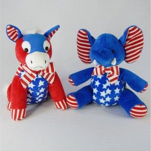 Set 2 Vtg Patriotic Election Mascots Elephant Donkey Plush Stars Stripe Red Blue